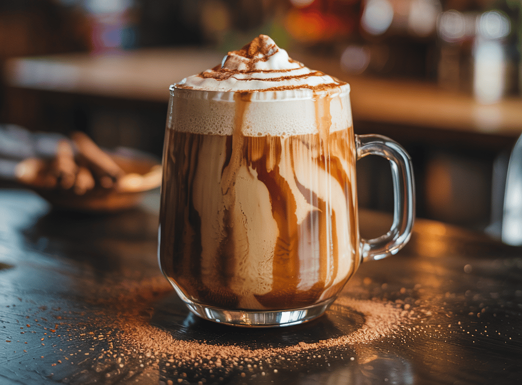 Creamy Lion’s Mane Vanilla Maple Latte in a ceramic mug, topped with cinnamon, placed on a rustic wo