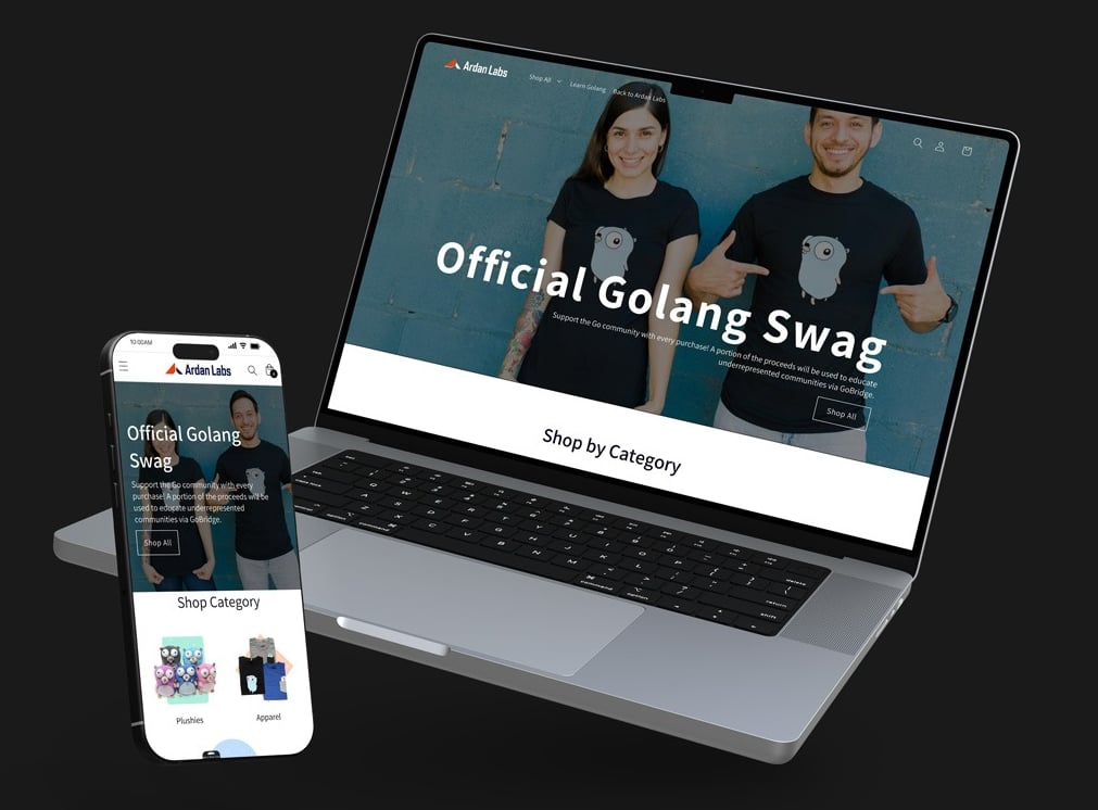 Responsive mockups (laptop and mobile) of Golang merch store