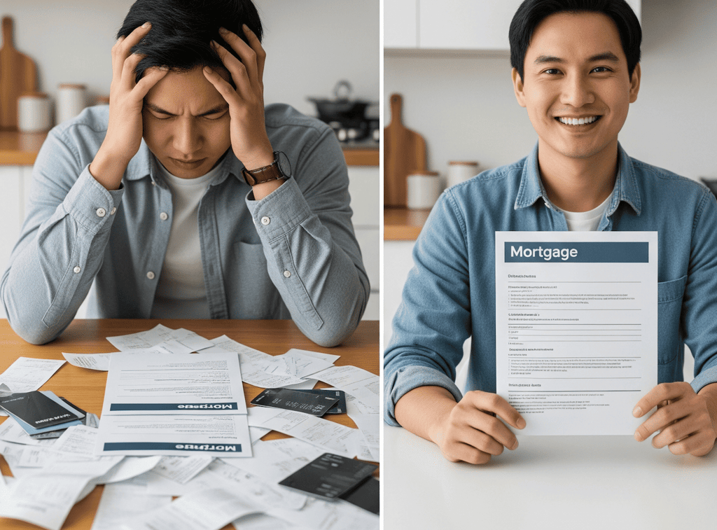 homeowner with many bills versus omeowner after a successful debt consolidation refinance.