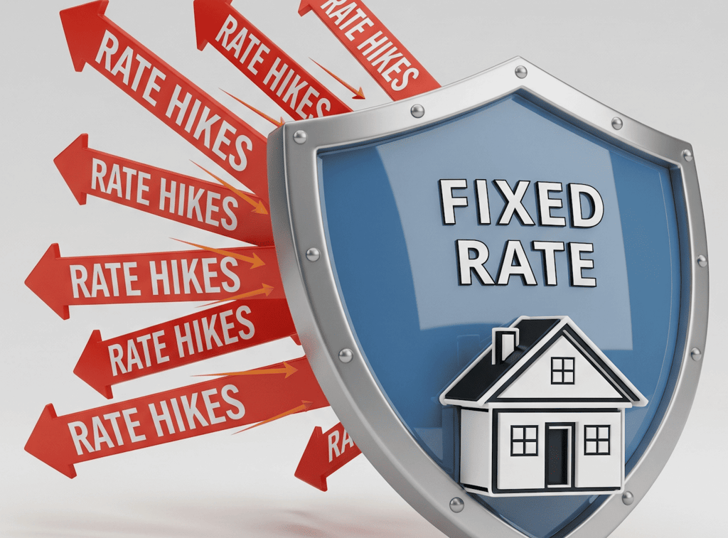 fixed mortgage rate protecting from 'Rate Hikes,' symbolizing stability and peace of mind