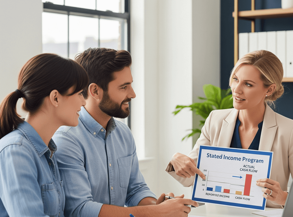 mortgage strategist explains a Stated Income mortgage program to a self-employed couple