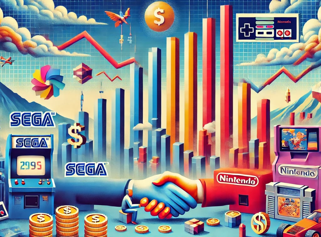 impactos econômicos da rivalidade Sega vs. Nintendo com elementos gráficos e temas coloridos.