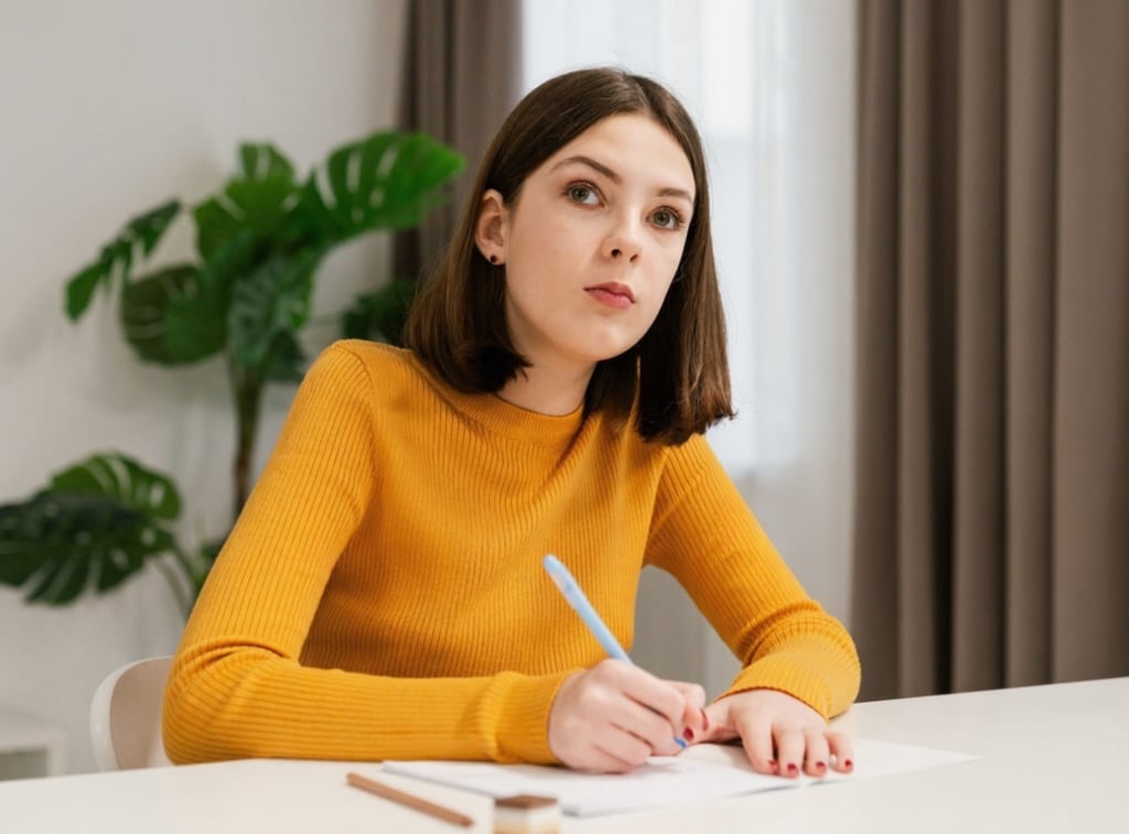 woman writing at a table while looking up