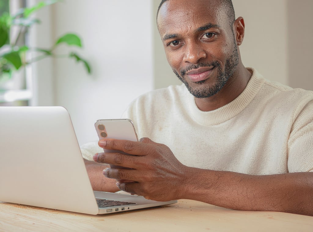 a man sitting at a table with a cell phone in his hand