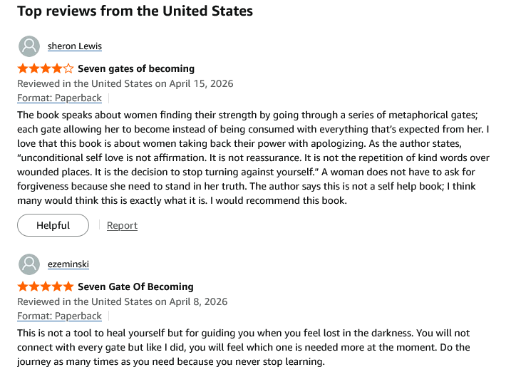A screenshot of positive customer reviews for the paperback book Seven Gates of Becoming.