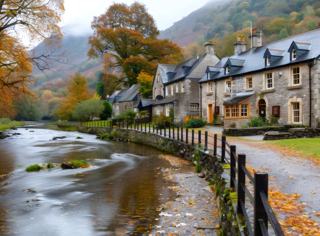 Beddgelert, Snowdonia, Wales, river flowing near traditional stone houses in autumn