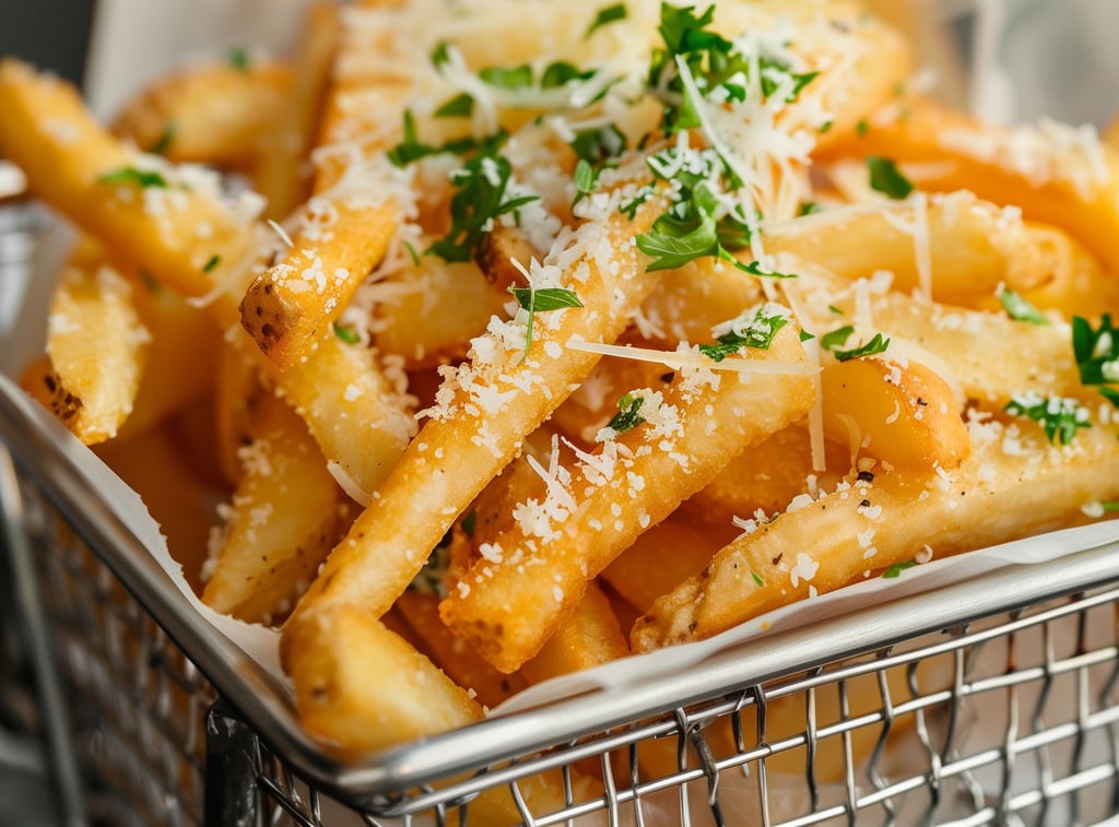 Golden crispy truffle fries with Parmesan cheese and parsley in a metal basket