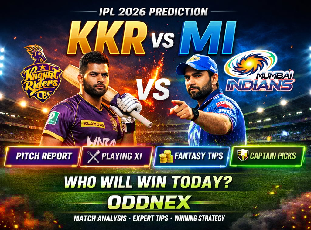 IPL 2026 prediction banner for KKR vs MI with cricket match analysis and fantasy tips.