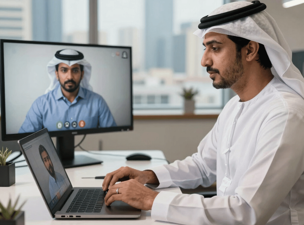 Arab businessman in traditional attire conducting a professional video conference on a laptop and monitor.