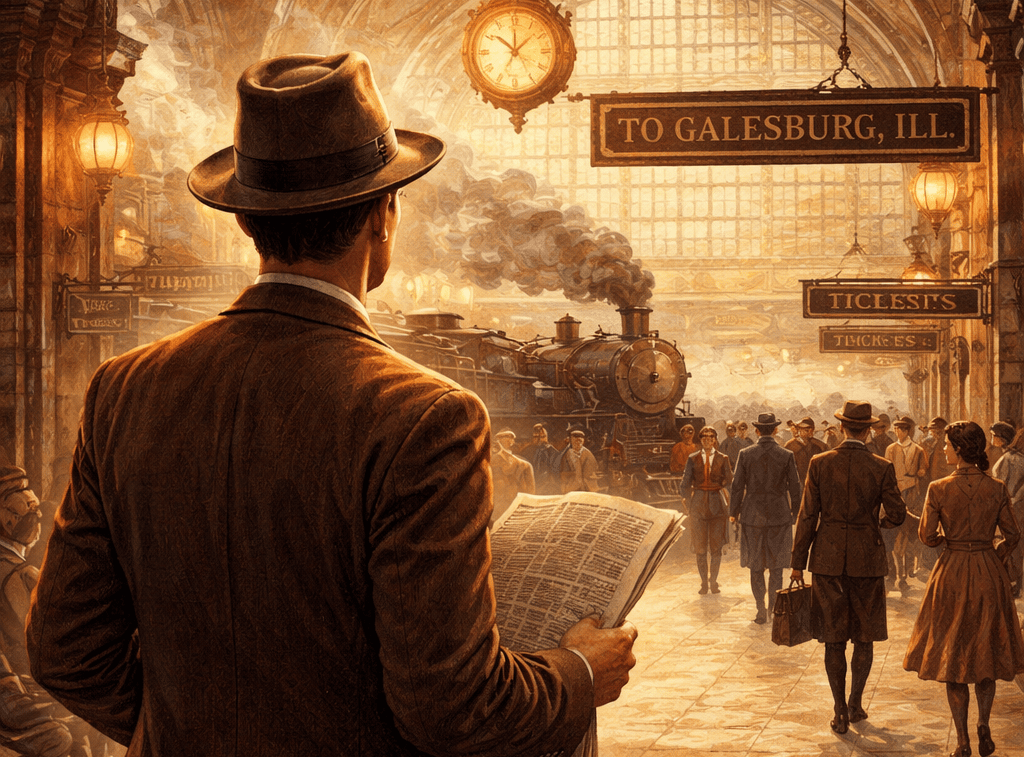 The image depicts the railway station Charley intends to go