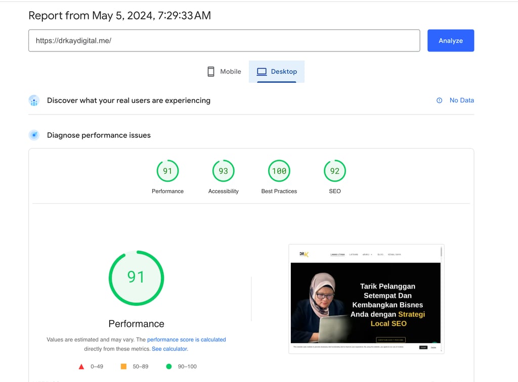 Contoh laporan prestasi laman web yang diperolehi daripada Google's Page Speed Insight.
