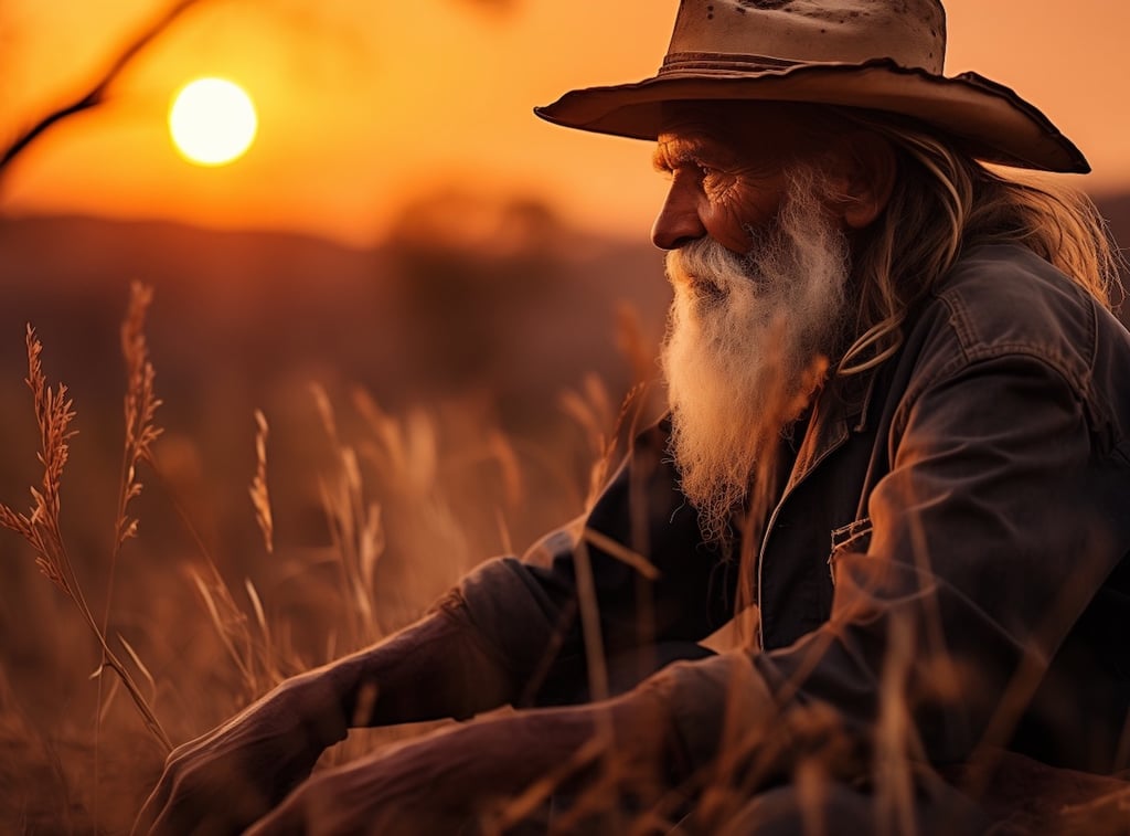 Profile of an old bearded Australian bushman at dawn