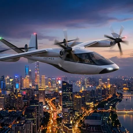 Conceptual eVTOL aircraft in urban flight representing Tesla electric aviation future