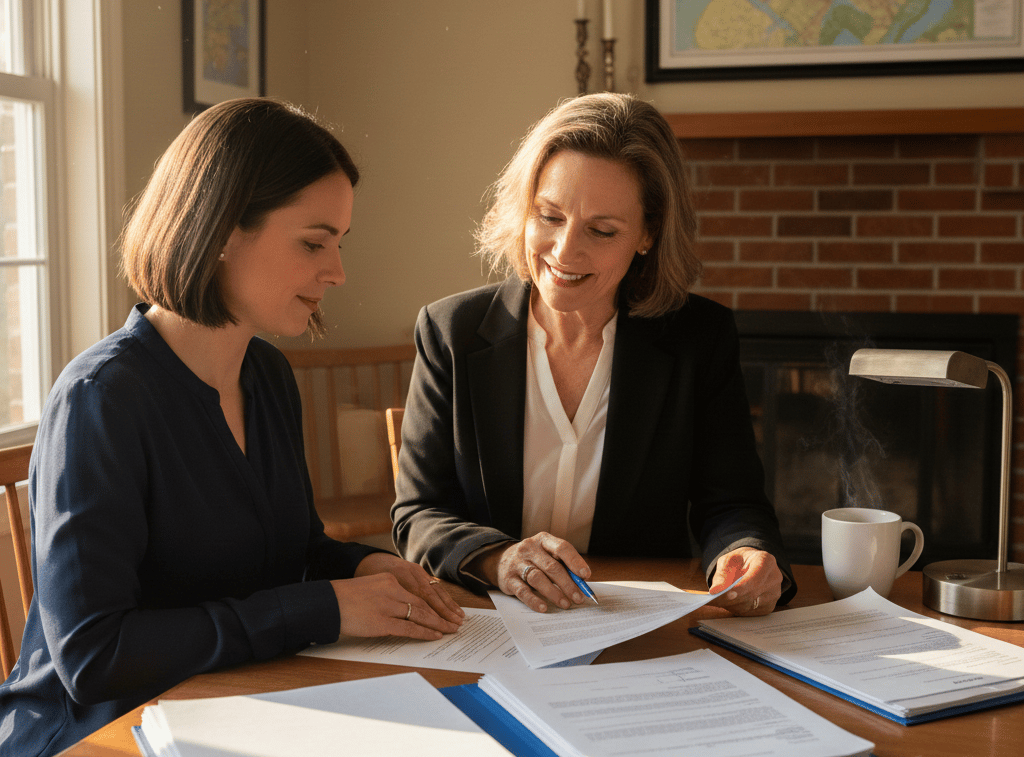 Mobile Notary Near Stoneham MA signing paperwork at home table