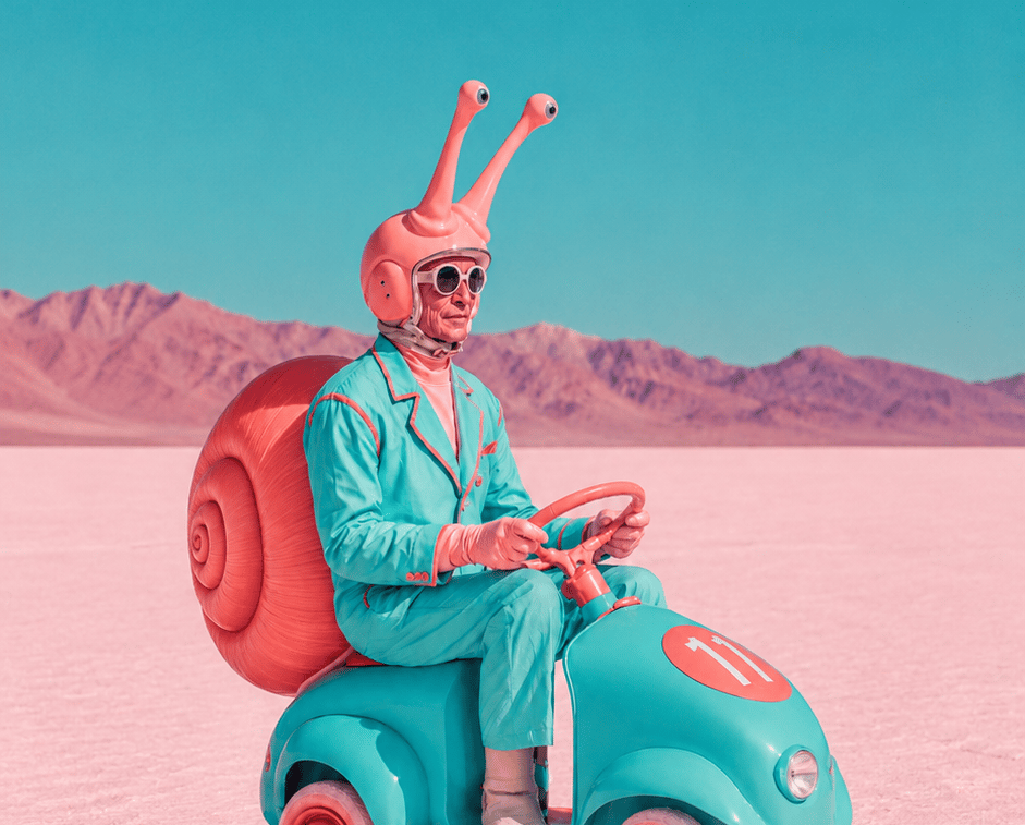 Homme en costume turquoise coiffé d'un casque escargot sur une petite voiture, métaphore du processus créatif étape par étape