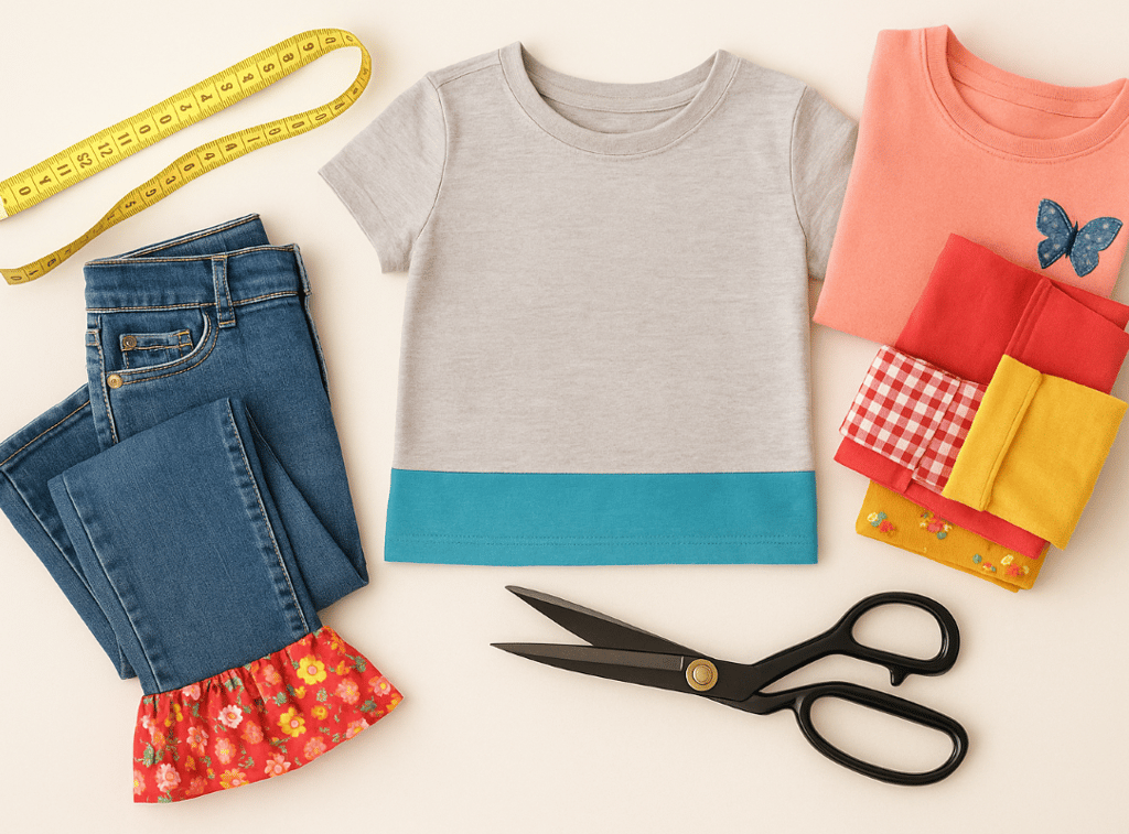 Upcycled kids' jeans with a ruffle, a t-shirt with a band, folded clothes, sewing scissors, and meas