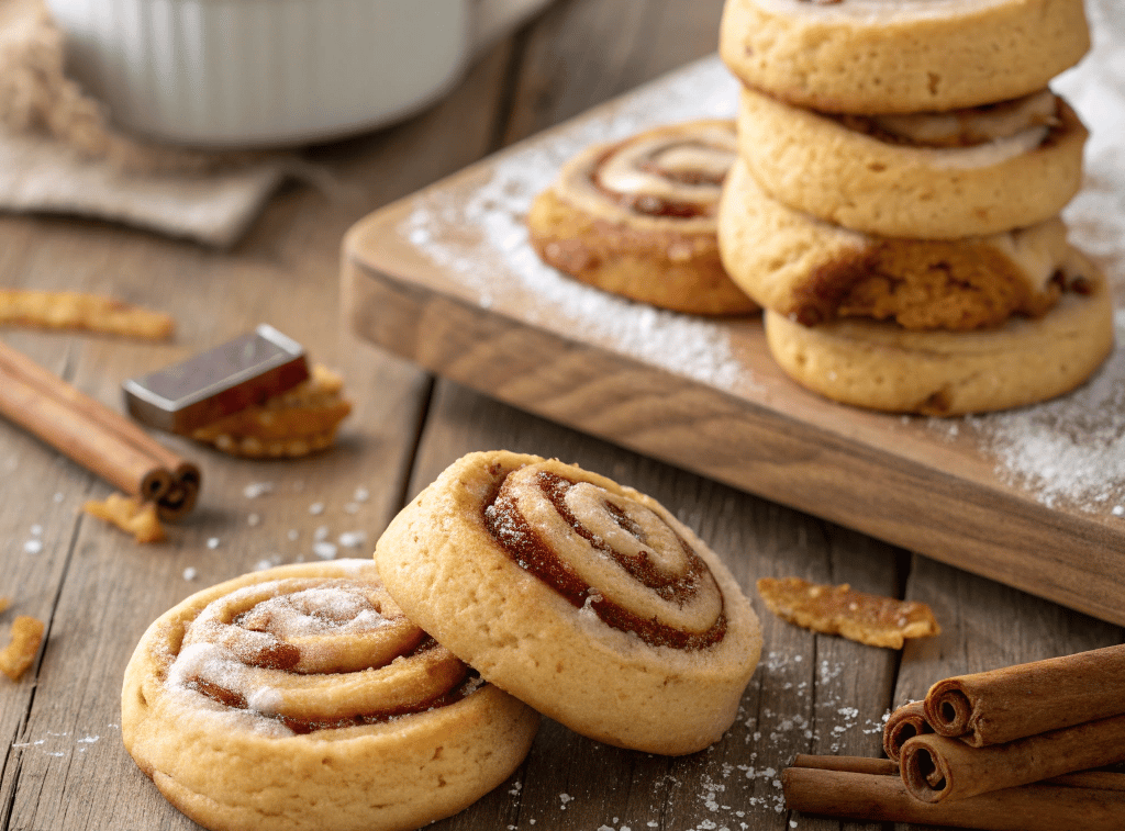 "Freshly baked soft and chewy cinnamon roll cookies with cream cheese icing, styled with cinnamon st