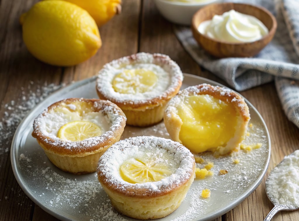 Baby Lemon Impossible Pies baked to golden perfection with powdered sugar and lemon zest.