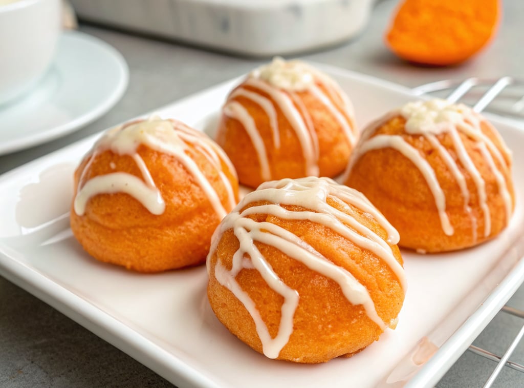Freshly baked Orange Cream Dream Cookies topped with orange glaze on a cooling rack