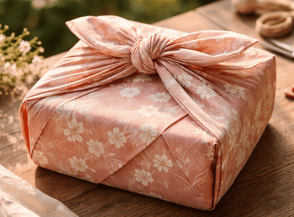 „Rosa Furoshiki-Geschenkverpackung mit Sakura-Muster und Schleifenknoten, kasumiya-japan.de, auf Hol