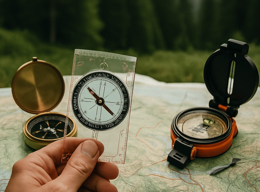 Hand holding compass over topographic map next to additional navigation tools, emphasizing wilderness orienteering skills