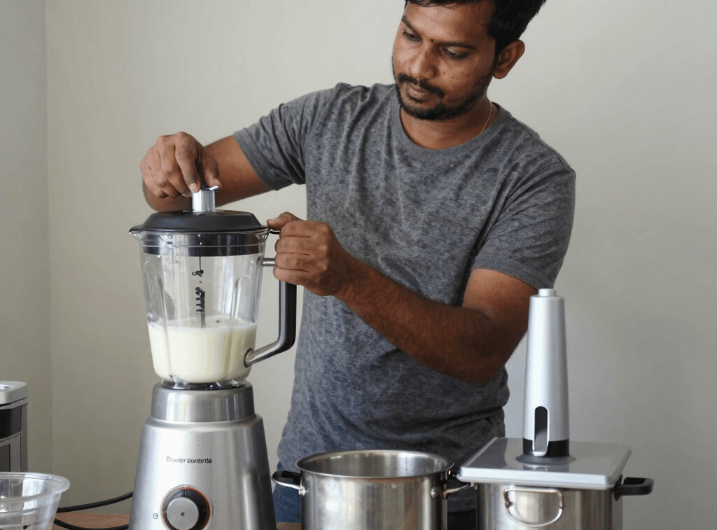 A man uses a high-speed silver kitchen blender to mix a white smoothie next to a professional food processor.