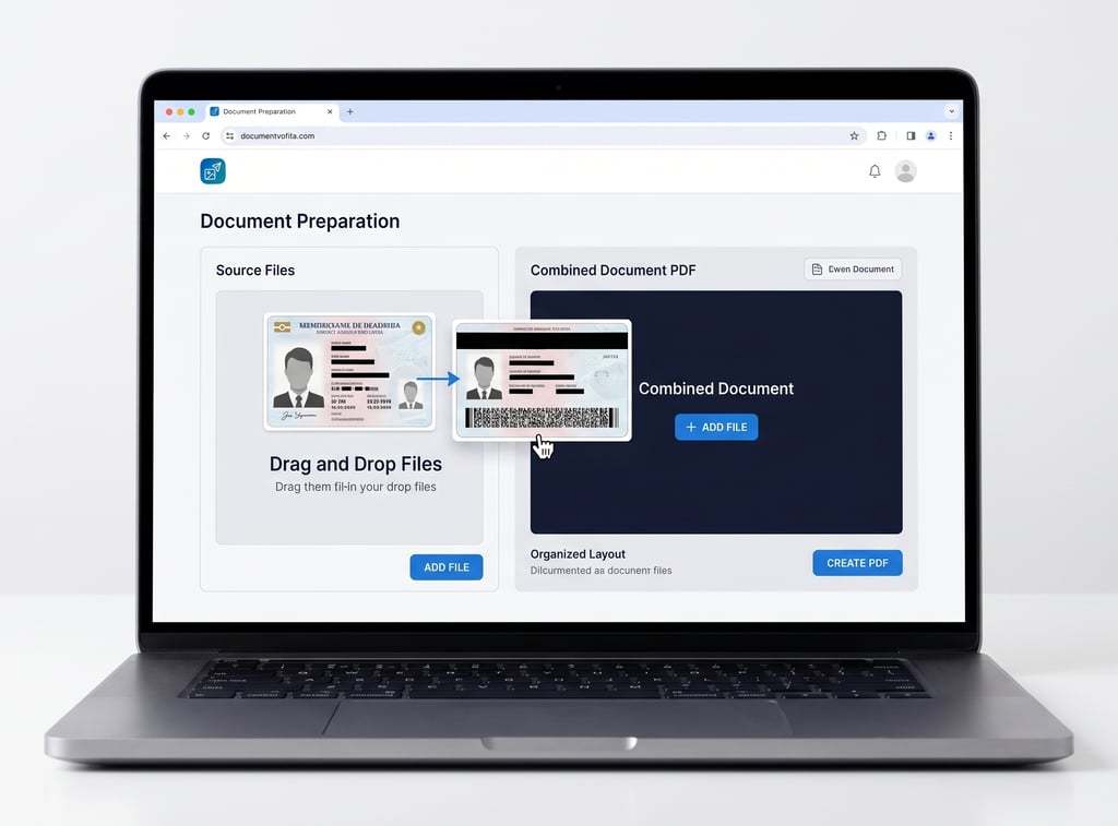 Person organizing multiple ID-style document photos into one PDF on a clean laptop screen.