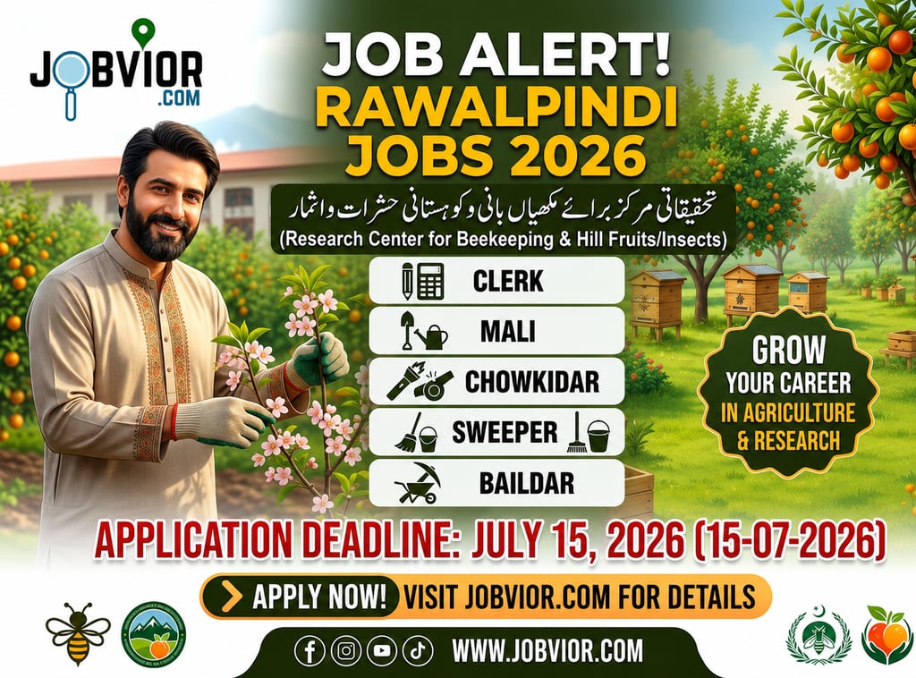Rawalpindi Jobs 2026 poster featuring agriculture and research vacancies with application 