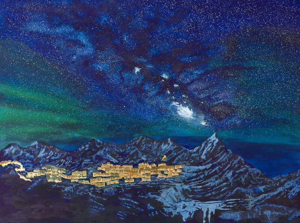 Watercolor and ink painting of a mountain village at night beneath the Milky Way 
