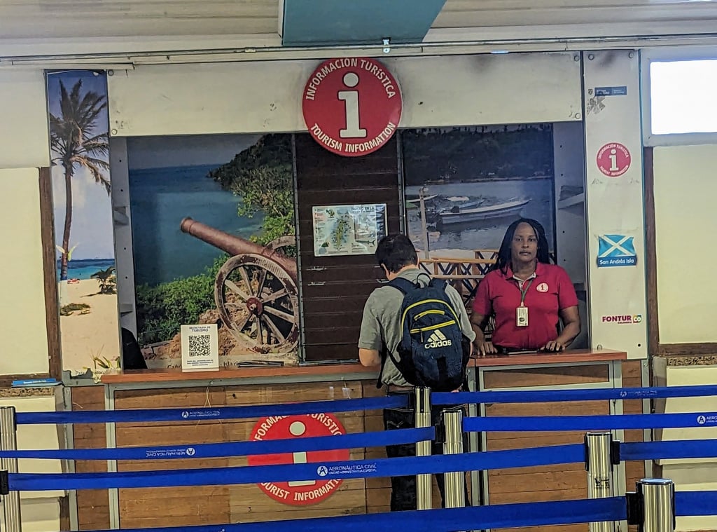 St Andrews Cross Scottish Flag or the flag of San Andres Island in the arrivals hall in San Andres Island