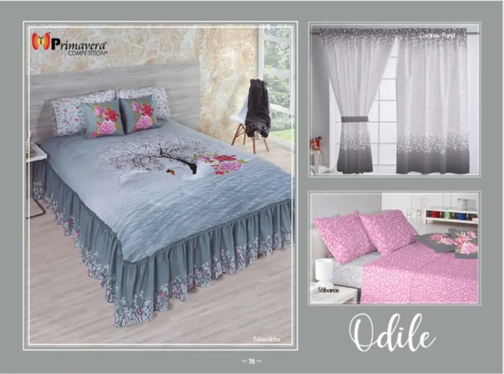 Edrecolcha gris modelo Odile de la marca Colchas Primavera con su conjunto de cortinas y sabana.