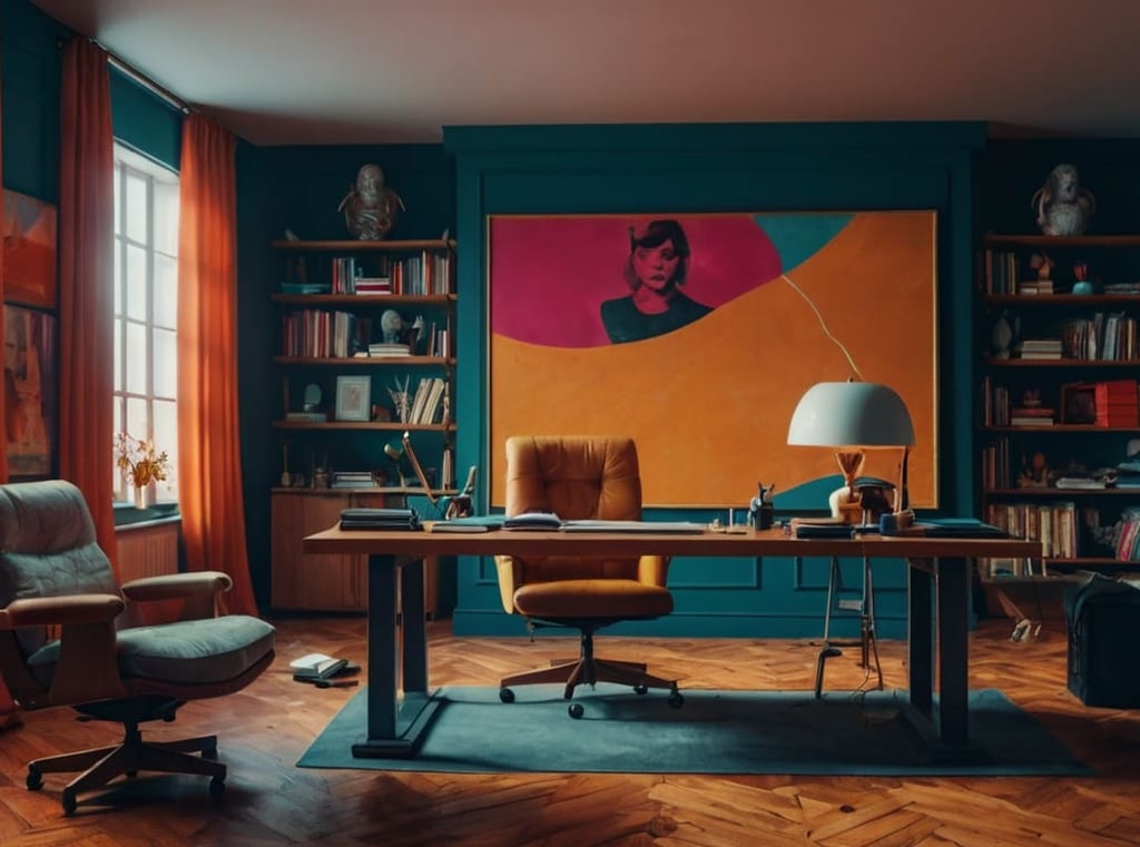 Sala de estar moderna com detalhes em azul marinho, sofá clássico e área de trabalho integrada.