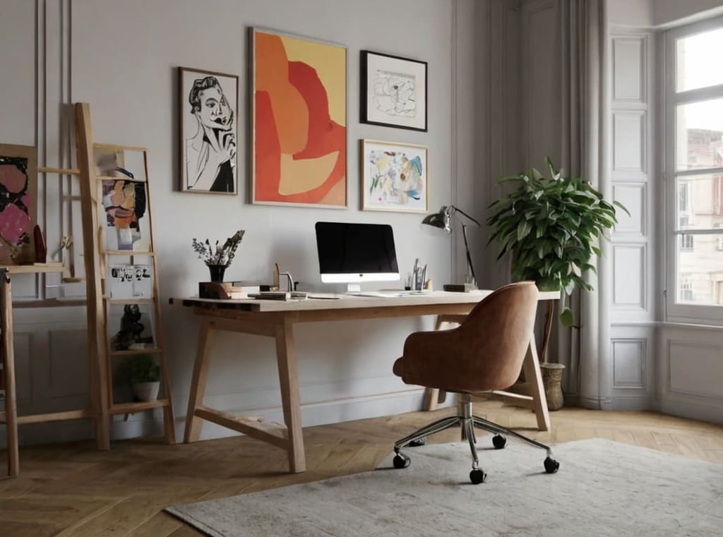 Home office organizado com estante de livros aberta e decoração em tons neutros.