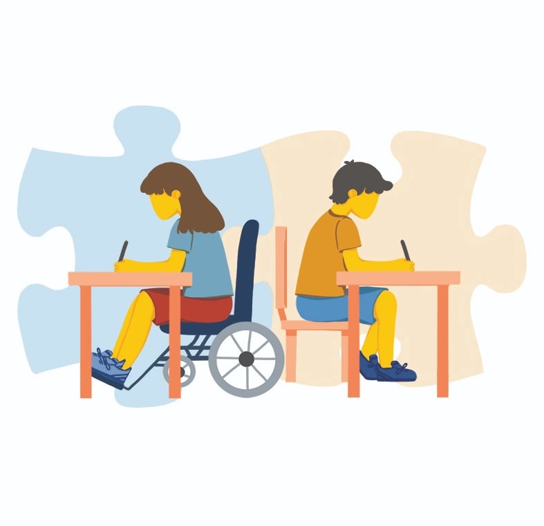 a disabled girl sitting on a wheel chair doing homework next to a boy. 2 puzzle pieces in the back