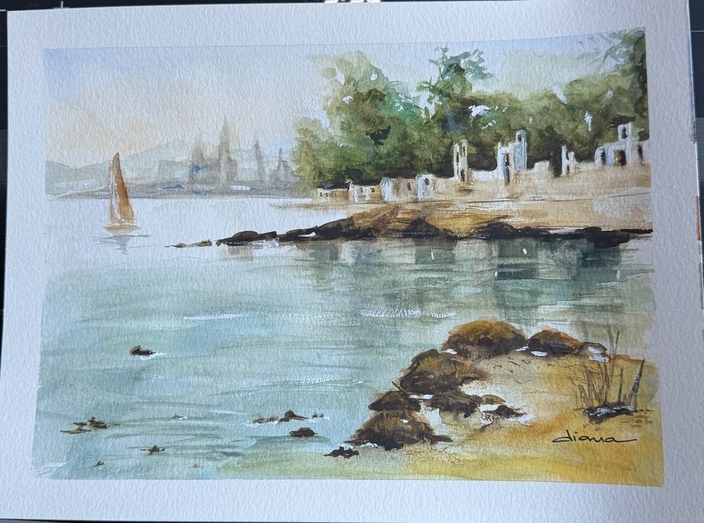 a painting of a sailboat on a beach