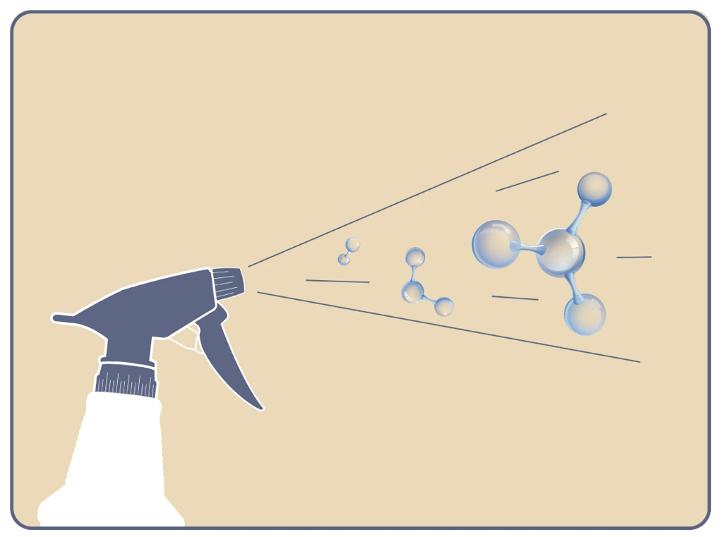  A spray bottle emits a mist of molecules, illustrating a cleaning or disinfecting action.