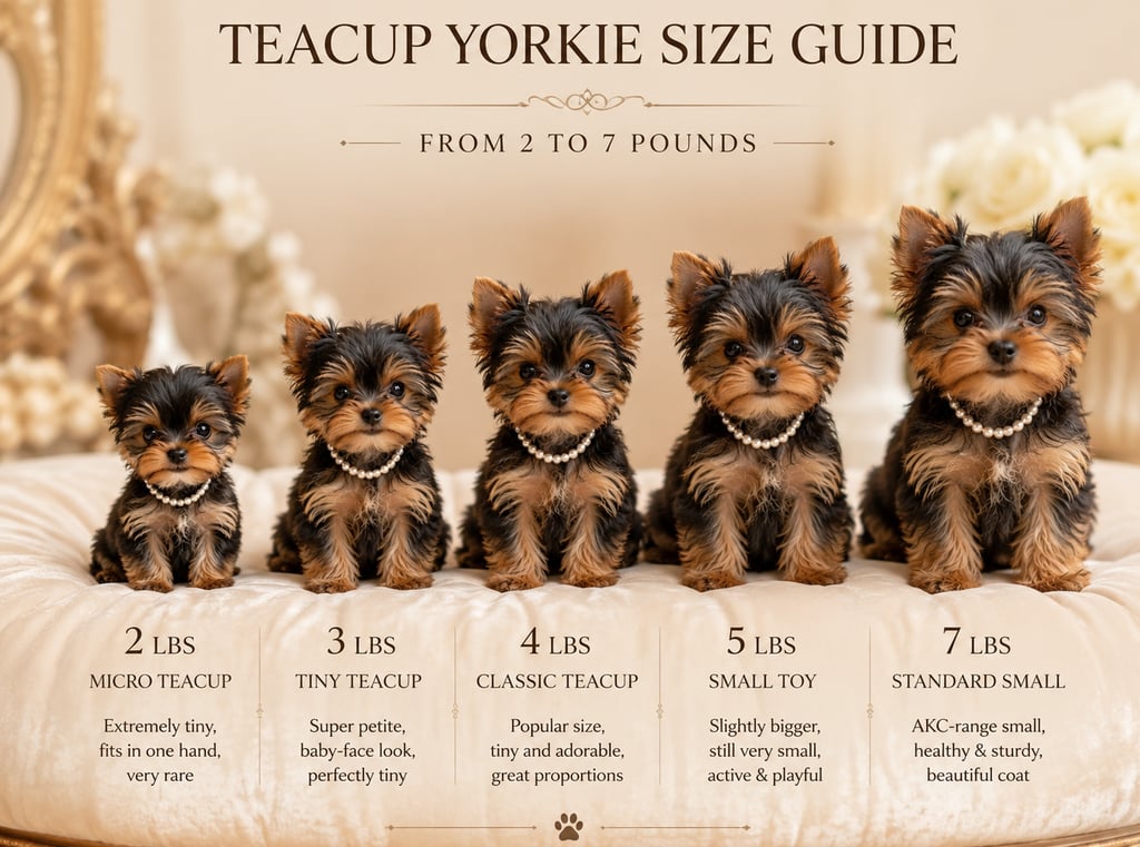 Teacup Yorkie size guide-2 to 7 pounds, micro teacup to standard small Yorkshire Terrier comparison