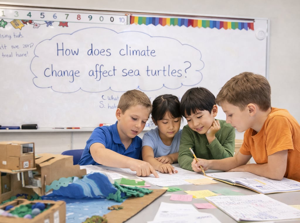 children collaborating on a group project about sea turtles