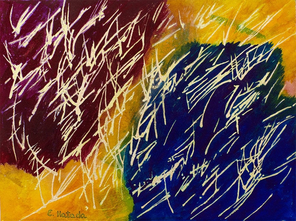 Abstract painting of metallic jagged lines over colorful fields