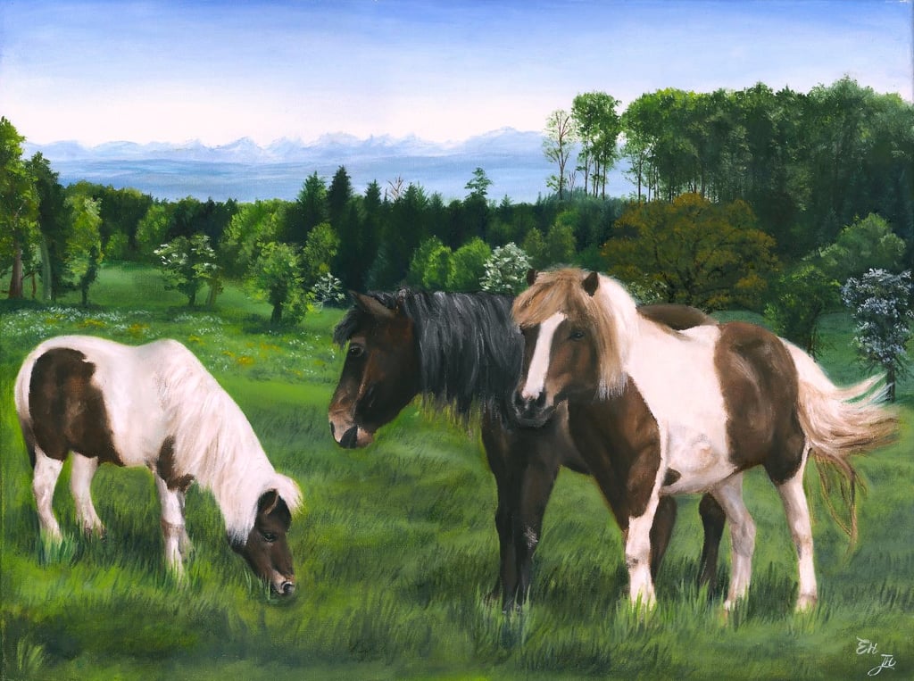 a painting of three ponies grazing in a field with varied trees and mountains