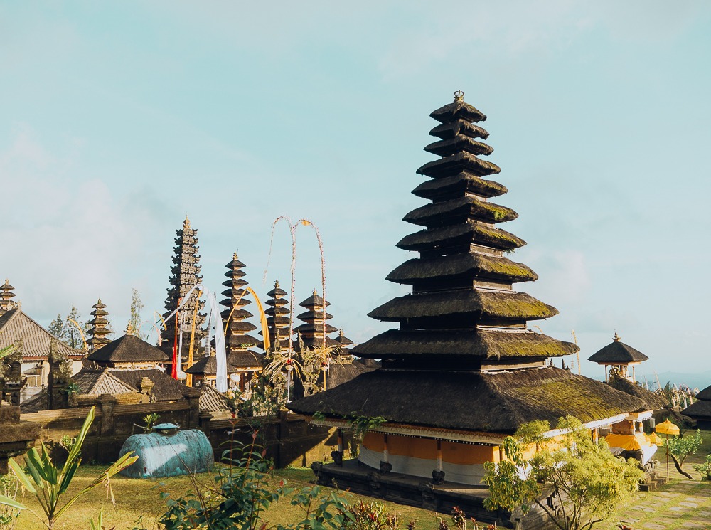 Panoramic view of Besakih Temple courtyards with intricate stone carvings and shrines