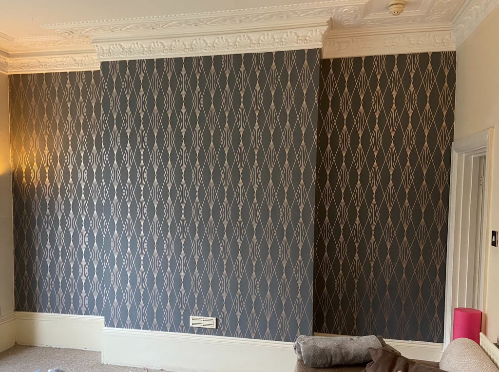 Elegant room with charcoal and gold geometric art decor wallpaper in Hove.