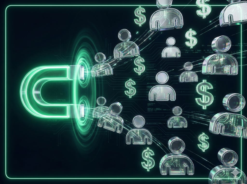 Ícone minimalista de ímã neon ilustrando a atração de leads e alta taxa de conversão em Landing Pages.