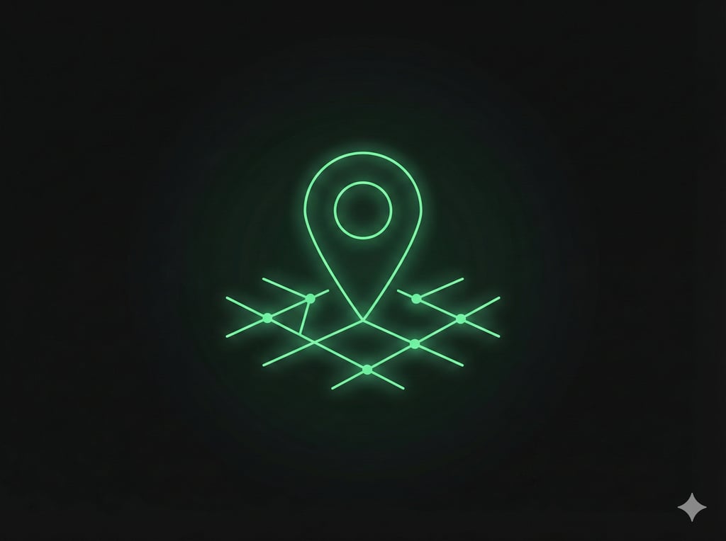 Ícone minimalista de pino de mapa neon simbolizando a otimização de SEO local para empresas do DF e entorno.
