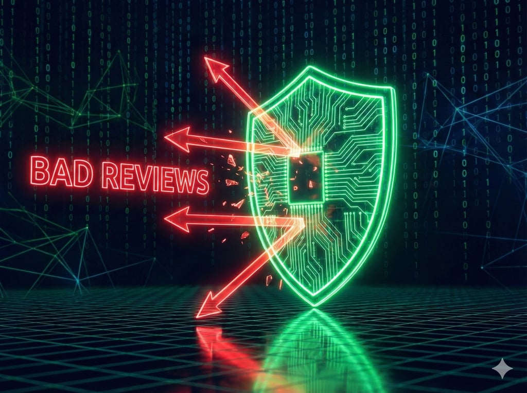 Escudo digital bloqueando avaliações negativas falsas, parte do serviço de Gestão de Avaliações e Reputação.