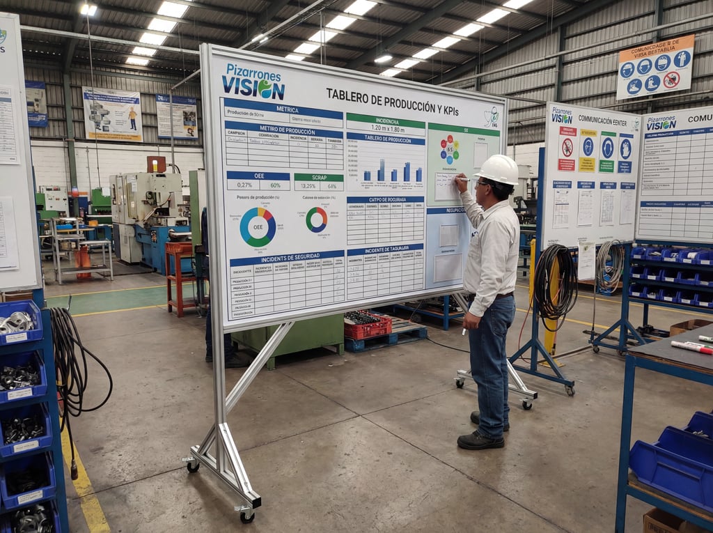 Un trabajador de fábrica actualiza una pizarra de gestión visual móvil que muestra los KPI de fabric