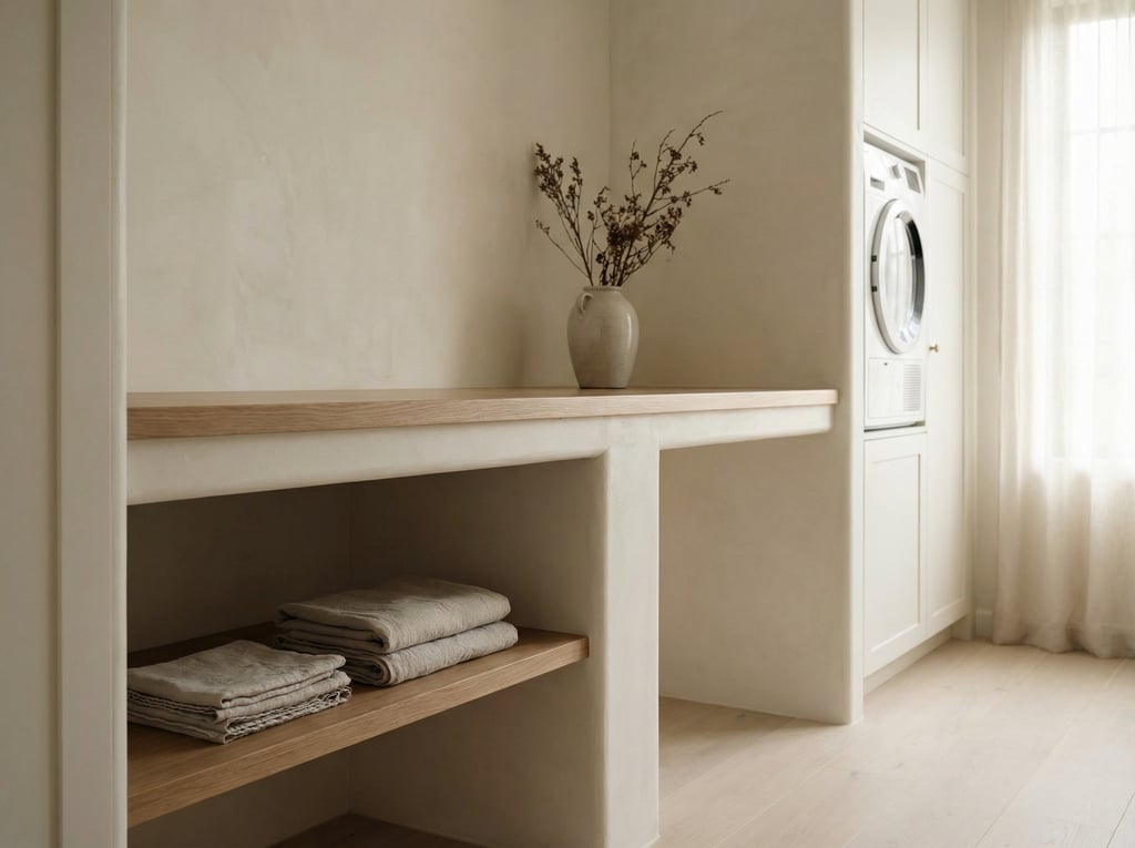 Không gian giặt đồ yên tĩnh với máy sấy quần áo, gợi cảm giác chú ý đến luồng gió và an toàn