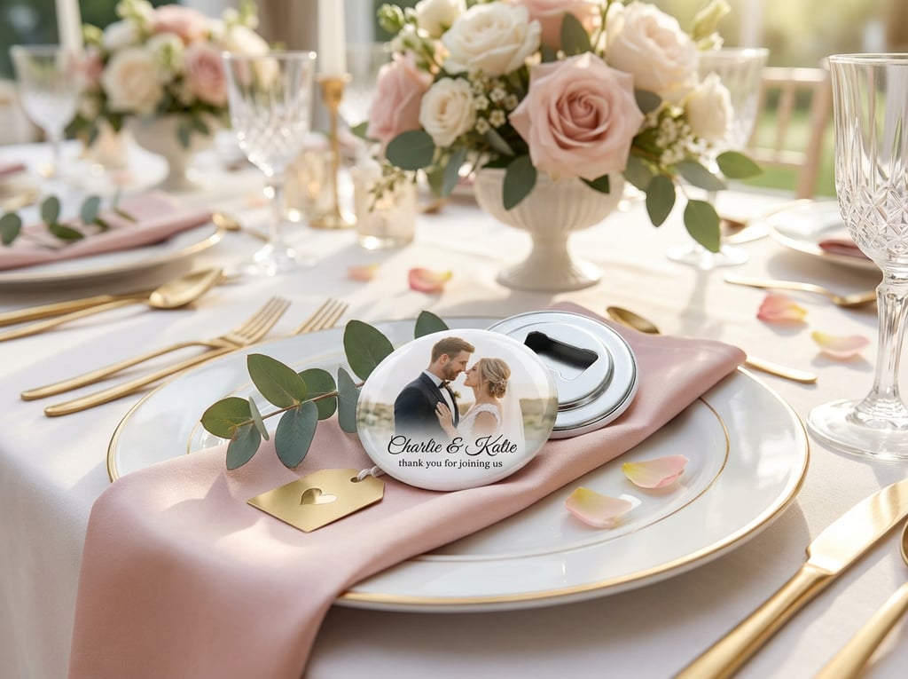 Personalized wedding photo bottle opener on a blush napkin place setting with floral decor and thank you message.
