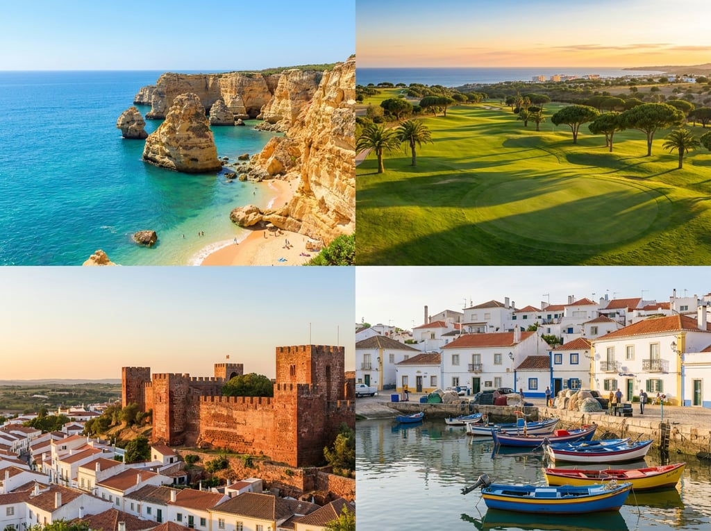 Collage of Algarve attractions including Praia da Marinha, golf courses, Silves Castle, and Ferragudo harbor.