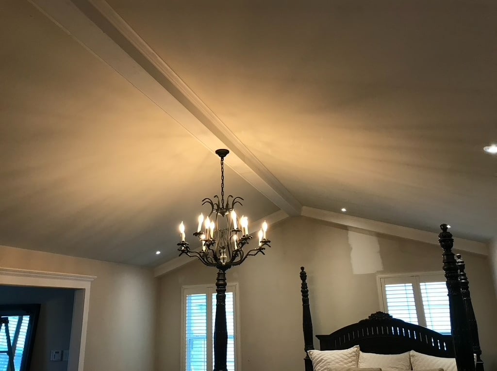 Bedroom ceiling with faux beams a chandelier and recessed lighting Sicklerville, NJ by Golden Rule 